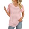 imageOFEEFAN Casual V Neck T Shirts for Women Lace Short Sleeve Curved Hem Tops Loose Fit07printed Striped
