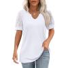 imageOFEEFAN Casual V Neck T Shirts for Women Lace Short Sleeve Curved Hem Tops Loose FitV1 White