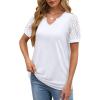 imageOFEEFAN Casual V Neck T Shirts for Women Lace Short Sleeve Curved Hem Tops Loose FitV1 White