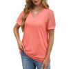 imageOFEEFAN Casual V Neck T Shirts for Women Lace Short Sleeve Curved Hem Tops Loose FitV2 Coral