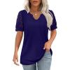 imageOFEEFAN Casual V Neck T Shirts for Women Lace Short Sleeve Curved Hem Tops Loose FitV2 Navy Blue