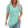imageOFEEFAN Casual V Neck T Shirts for Women Lace Short Sleeve Curved Hem Tops Loose FitV4 Lake Green