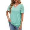imageOFEEFAN Casual V Neck T Shirts for Women Lace Short Sleeve Curved Hem Tops Loose FitV4 Lake Green
