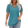 imageOFEEFAN Casual V Neck T Shirts for Women Lace Short Sleeve Curved Hem Tops Loose FitV4 Teal Blue
