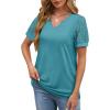 imageOFEEFAN Casual V Neck T Shirts for Women Lace Short Sleeve Curved Hem Tops Loose FitV4 Teal Blue