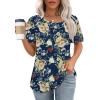 imageOFEEFAN Womens T Shirts Short Sleeve Tops Dressy Casual Blouses Spring Summer Outfits Flowy Pleated Front Scooped Neck3floral Navy