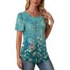 imageOFEEFAN Womens T Shirts Short Sleeve Tops Dressy Casual Blouses Spring Summer Outfits Flowy Pleated Front Scooped Neck3floral Teal