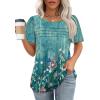 imageOFEEFAN Womens T Shirts Short Sleeve Tops Dressy Casual Blouses Spring Summer Outfits Flowy Pleated Front Scooped Neck3floral Teal