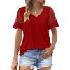 imageOFEEFAN Casual V Neck T Shirts for Women Lace Short Sleeve Curved Hem Tops Loose Fit02red