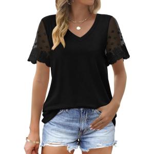 imageOFEEFAN Casual V Neck T Shirts for Women Lace Short Sleeve Curved Hem Tops Loose Fit00black