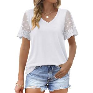 imageOFEEFAN Casual V Neck T Shirts for Women Lace Short Sleeve Curved Hem Tops Loose Fit00white