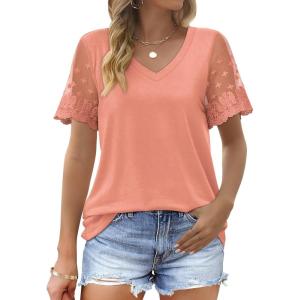 imageOFEEFAN Casual V Neck T Shirts for Women Lace Short Sleeve Curved Hem Tops Loose Fit01coral