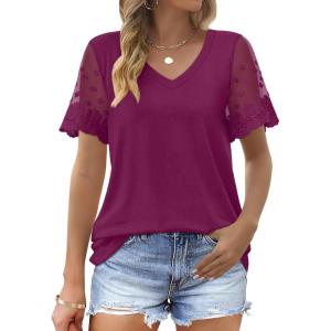 imageOFEEFAN Casual V Neck T Shirts for Women Lace Short Sleeve Curved Hem Tops Loose Fit01purple