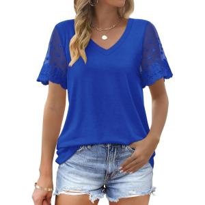 imageOFEEFAN Casual V Neck T Shirts for Women Lace Short Sleeve Curved Hem Tops Loose Fit01royal Blue