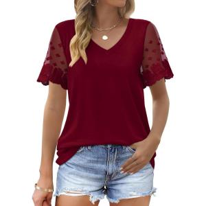 imageOFEEFAN Casual V Neck T Shirts for Women Lace Short Sleeve Curved Hem Tops Loose Fit02burgundy