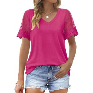 imageOFEEFAN Casual V Neck T Shirts for Women Lace Short Sleeve Curved Hem Tops Loose Fit02hot Pink