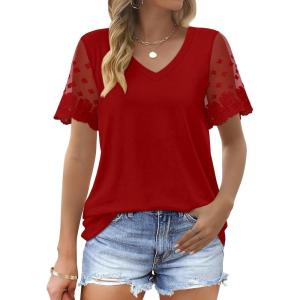 imageOFEEFAN Casual V Neck T Shirts for Women Lace Short Sleeve Curved Hem Tops Loose Fit02red