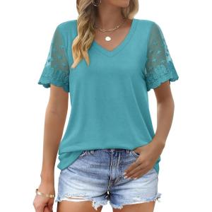 imageOFEEFAN Casual V Neck T Shirts for Women Lace Short Sleeve Curved Hem Tops Loose Fit02turquoise