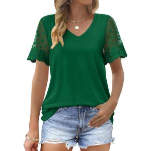 imageOFEEFAN Casual V Neck T Shirts for Women Lace Short Sleeve Curved Hem Tops Loose Fit03green