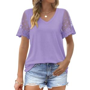 imageOFEEFAN Casual V Neck T Shirts for Women Lace Short Sleeve Curved Hem Tops Loose Fit03lavender