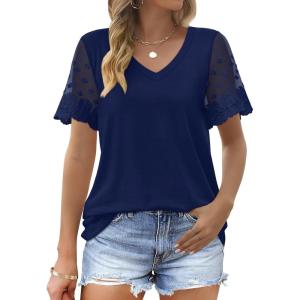 imageOFEEFAN Casual V Neck T Shirts for Women Lace Short Sleeve Curved Hem Tops Loose Fit03navy