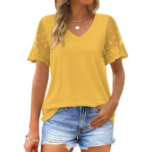 imageOFEEFAN Casual V Neck T Shirts for Women Lace Short Sleeve Curved Hem Tops Loose Fit03yellow
