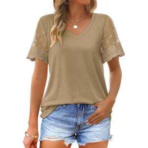 imageOFEEFAN Casual V Neck T Shirts for Women Lace Short Sleeve Curved Hem Tops Loose Fit06khaki