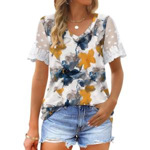 imageOFEEFAN Casual V Neck T Shirts for Women Lace Short Sleeve Curved Hem Tops Loose Fit07print Floral Tie Dye
