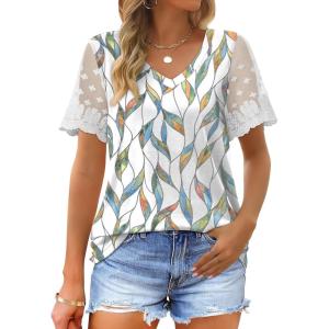 imageOFEEFAN Casual V Neck T Shirts for Women Lace Short Sleeve Curved Hem Tops Loose Fit07print Multi Leaf