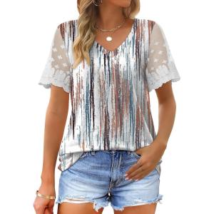 imageOFEEFAN Casual V Neck T Shirts for Women Lace Short Sleeve Curved Hem Tops Loose Fit07print Tie Dye