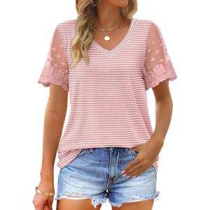 imageOFEEFAN Casual V Neck T Shirts for Women Lace Short Sleeve Curved Hem Tops Loose Fit07printed Striped