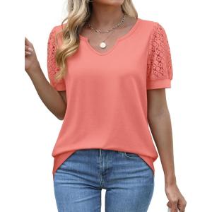 imageOFEEFAN Casual V Neck T Shirts for Women Lace Short Sleeve Curved Hem Tops Loose FitV2 Coral