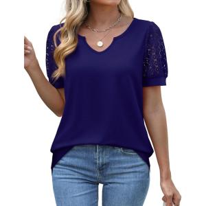 imageOFEEFAN Casual V Neck T Shirts for Women Lace Short Sleeve Curved Hem Tops Loose FitV2 Navy Blue
