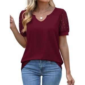 imageOFEEFAN Casual V Neck T Shirts for Women Lace Short Sleeve Curved Hem Tops Loose FitV3 Burgundy