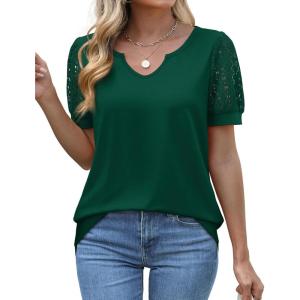 imageOFEEFAN Casual V Neck T Shirts for Women Lace Short Sleeve Curved Hem Tops Loose FitV3 Green