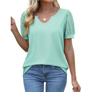 imageOFEEFAN Casual V Neck T Shirts for Women Lace Short Sleeve Curved Hem Tops Loose FitV4 Lake Green