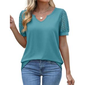 imageOFEEFAN Casual V Neck T Shirts for Women Lace Short Sleeve Curved Hem Tops Loose FitV4 Teal Blue
