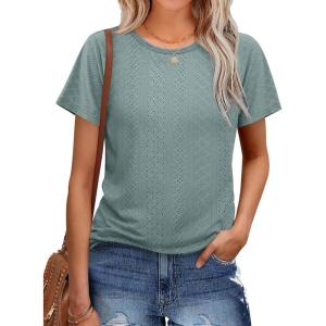 imageOFEEFAN Short Sleeve Tshirts for Women Summer Eyelet Short Sleeve Tops Loose Casual Basic TeeA Teal Green