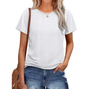 imageOFEEFAN Short Sleeve Tshirts for Women Summer Eyelet Short Sleeve Tops Loose Casual Basic TeeA White