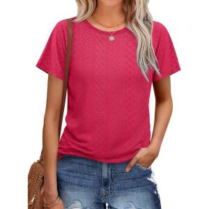 imageOFEEFAN Short Sleeve Tshirts for Women Summer Eyelet Short Sleeve Tops Loose Casual Basic TeeB Hot Pink