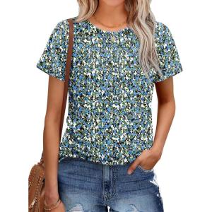 imageOFEEFAN Short Sleeve Tshirts for Women Summer Eyelet Short Sleeve Tops Loose Casual Basic TeeFloral Blue