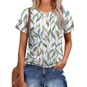 imageOFEEFAN Short Sleeve Tshirts for Women Summer Eyelet Short Sleeve Tops Loose Casual Basic TeePrint Leaf