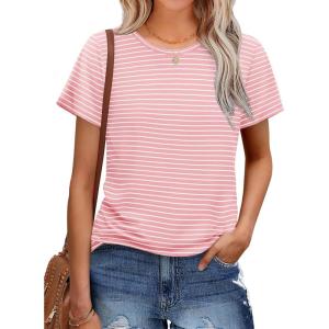 imageOFEEFAN Short Sleeve Tshirts for Women Summer Eyelet Short Sleeve Tops Loose Casual Basic TeeWhite and Pink