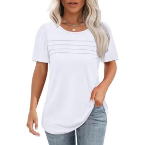 imageOFEEFAN Womens T Shirts Short Sleeve Tops Dressy Casual Blouses Spring Summer Outfits Flowy Pleated Front Scooped Neck0white