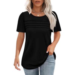 imageOFEEFAN Womens T Shirts Short Sleeve Tops Dressy Casual Blouses Spring Summer Outfits Flowy Pleated Front Scooped Neck1black