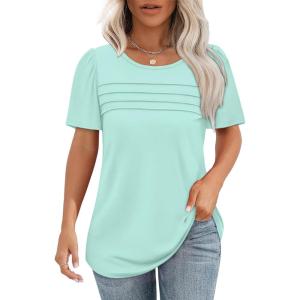 imageOFEEFAN Womens T Shirts Short Sleeve Tops Dressy Casual Blouses Spring Summer Outfits Flowy Pleated Front Scooped Neck2aqua