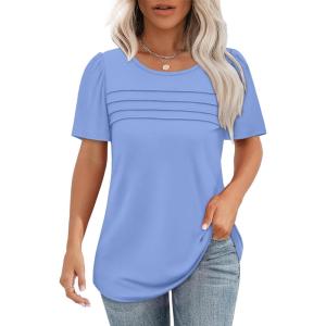 imageOFEEFAN Womens T Shirts Short Sleeve Tops Dressy Casual Blouses Spring Summer Outfits Flowy Pleated Front Scooped Neck2baby Blue