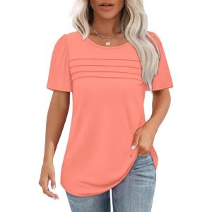 imageOFEEFAN Womens T Shirts Short Sleeve Tops Dressy Casual Blouses Spring Summer Outfits Flowy Pleated Front Scooped Neck2coral