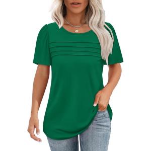 imageOFEEFAN Womens T Shirts Short Sleeve Tops Dressy Casual Blouses Spring Summer Outfits Flowy Pleated Front Scooped Neck2green