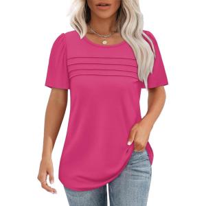 imageOFEEFAN Womens T Shirts Short Sleeve Tops Dressy Casual Blouses Spring Summer Outfits Flowy Pleated Front Scooped Neck2hot Pink